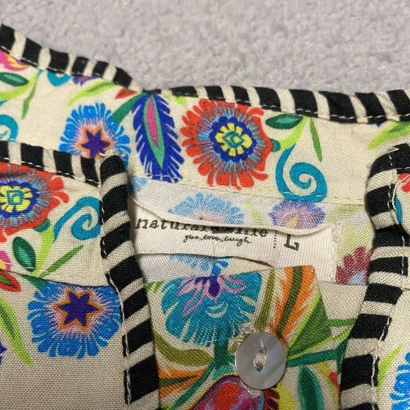 Natural Life Shirt Large Floral Colorful Whimsical Rayon Boho Beach - Picture 2 of 7